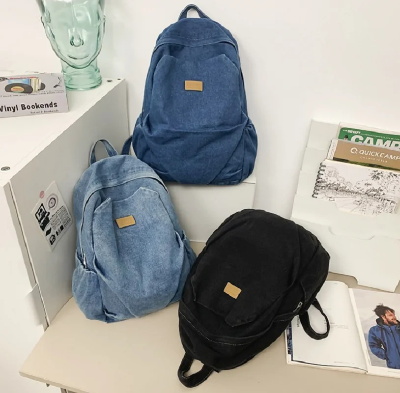 

New Men Women's Preppy Style Denim Backpacks Large Capacity Canvas Travel Shoulder Bags Totes Student School Bag Knapsack