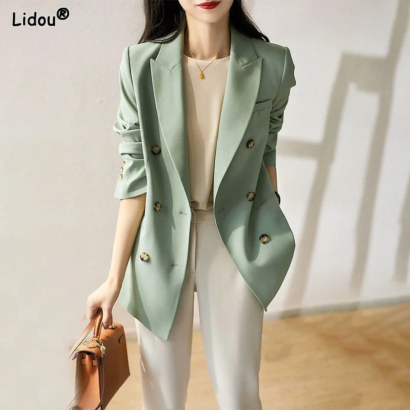 Women\'s Clothing 2023 Casual Office Lady Fashion Solid Color Loose Notched Temperament Blazers Button Pockets Spring Summer Thin