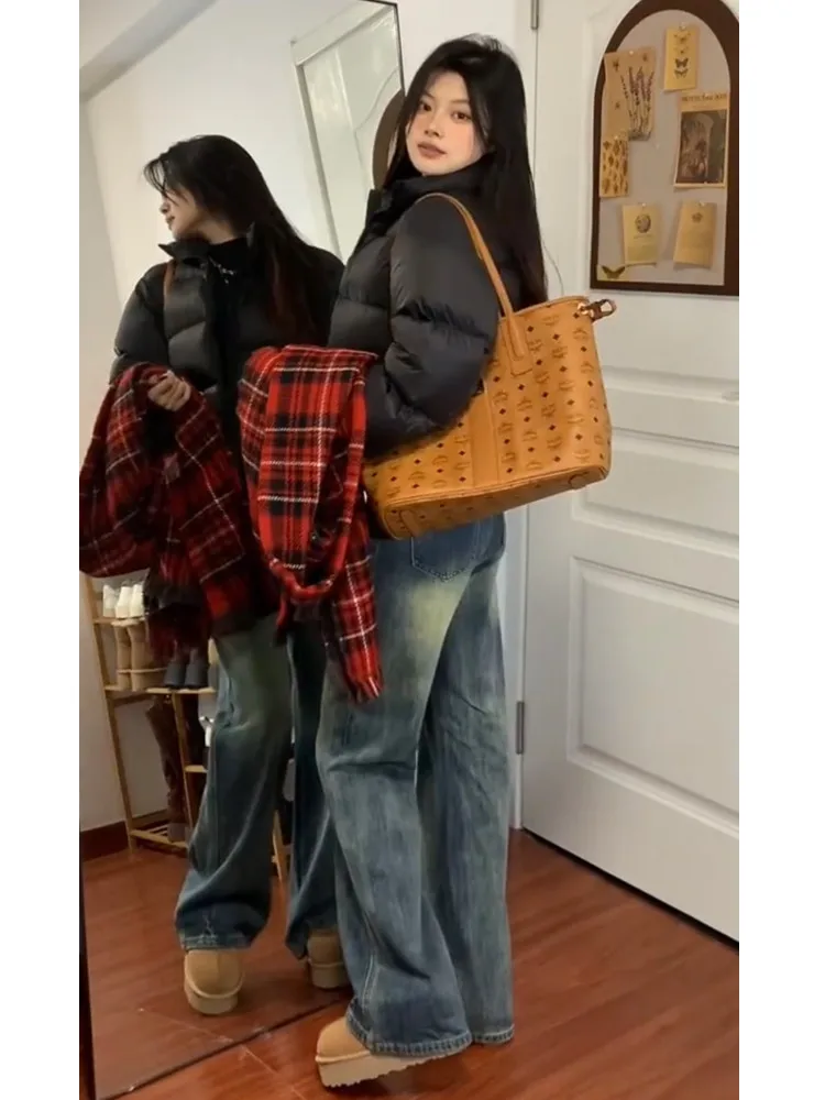 

American Retro Wide Leg Denim Jeans Women's Spring Autumn High Waist Loose Slimming Drapey Tall Extended Floor Length Pants H...