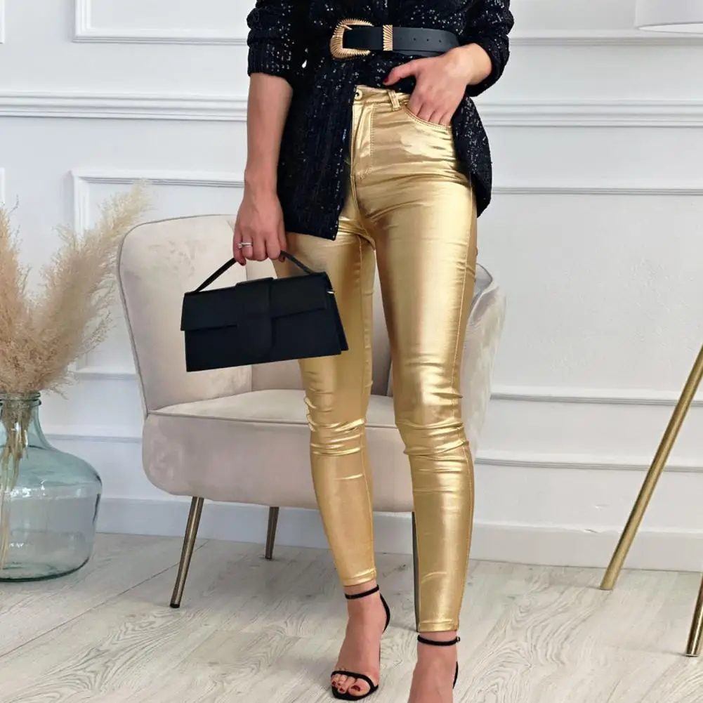 Women Leggings Ankle-Length Stretchy Trousers Wrinkle Resistant Women Pants Bright Surface Sexy Skinny Faux Leather Leggings