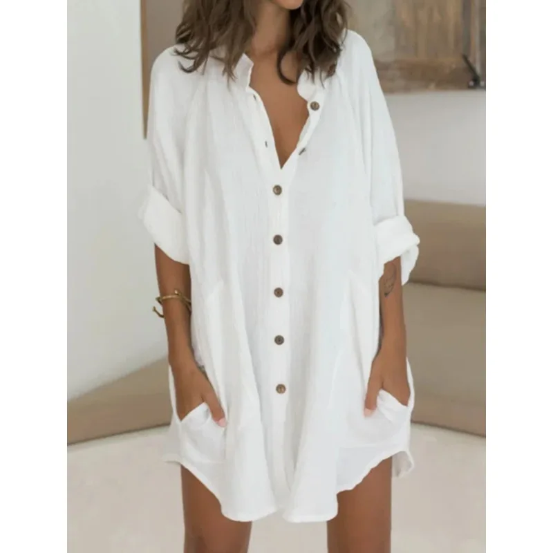 

Women's Cotton Linen Nigthdress Single Breasted Summer Thin Ladies Home Dress Solid Comfortable Homewear Nightgown For Female