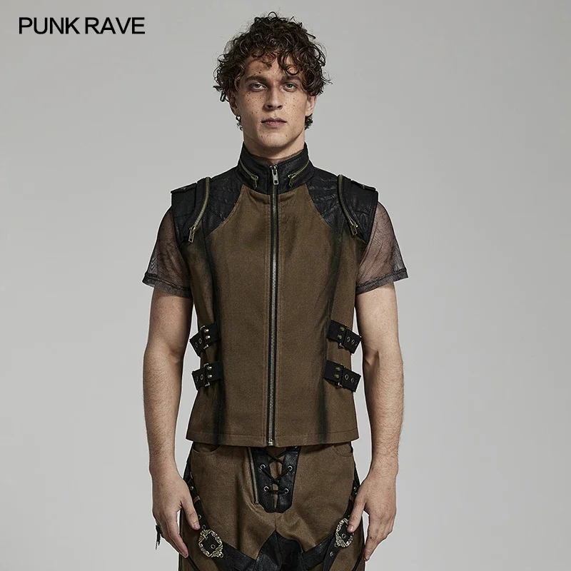 PUNK RAVE Men's Handsome Twill Fabric Punk Vest with Skull Button Decoration Daily Cool Casual Coffee Jackets Spring/summer