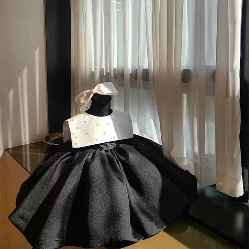 

Новое платье принцессы для маленьких девочек, черные атласные детские вечерние платья для банкета и малышей, одежда для ведущих цветов, платье, элитное свадебное платье