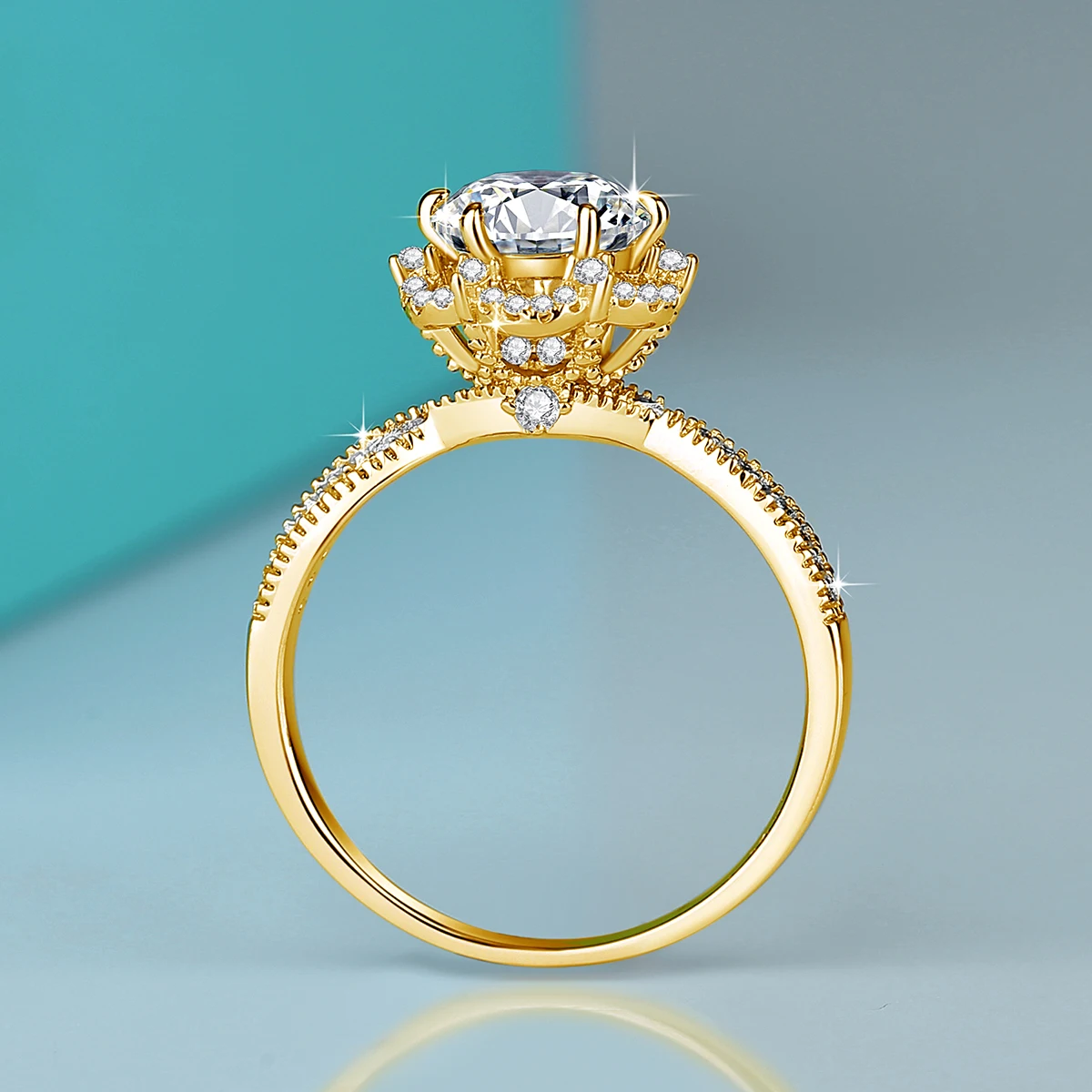 Vintage Kronen-Halo-Ring 18K vergoldet 925 Silber Runder Moissanit-Mittelstein Verlobungs- und Hochzeitsschmuck Geschenk für Frauen – Detail 5