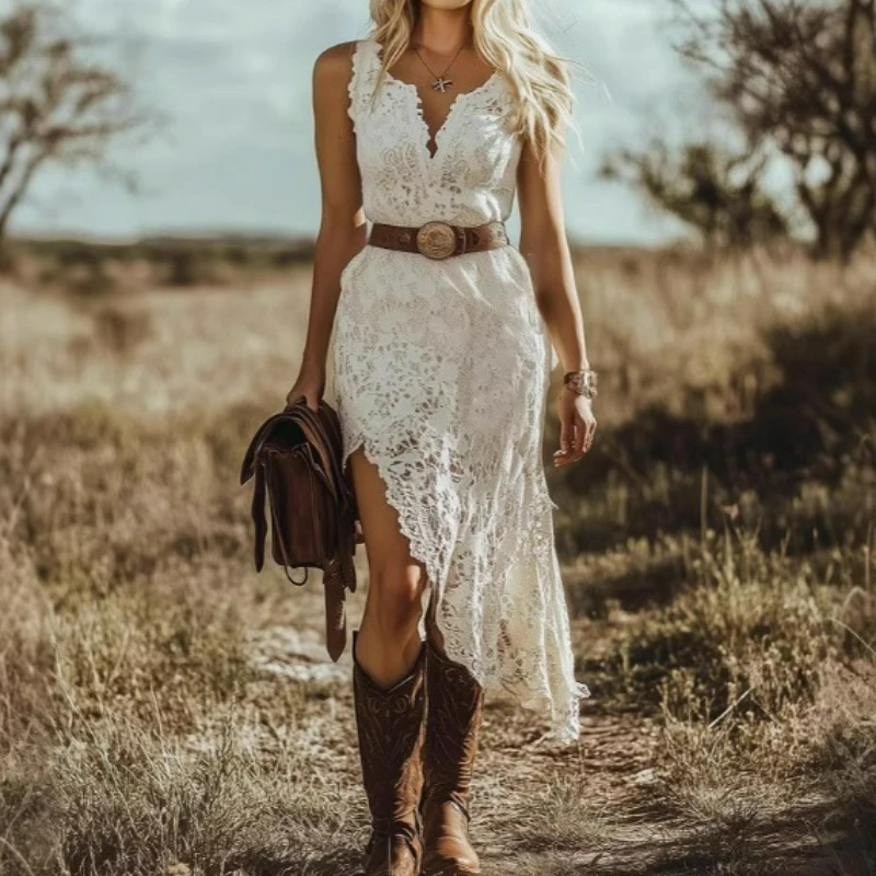 2025 Amazon Sexy dentelle découpe profonde V dos nu robe licou minceur robe transparente vêtements pour femmes Style européen américain