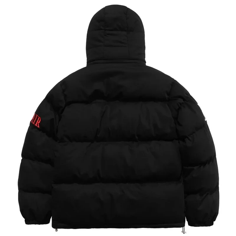 Casaco acolchoado masculino e feminino, parka com capuz, bordado carta, streetwear hip-hop, outwear retrô casual, casaco de algodão quente, inverno,