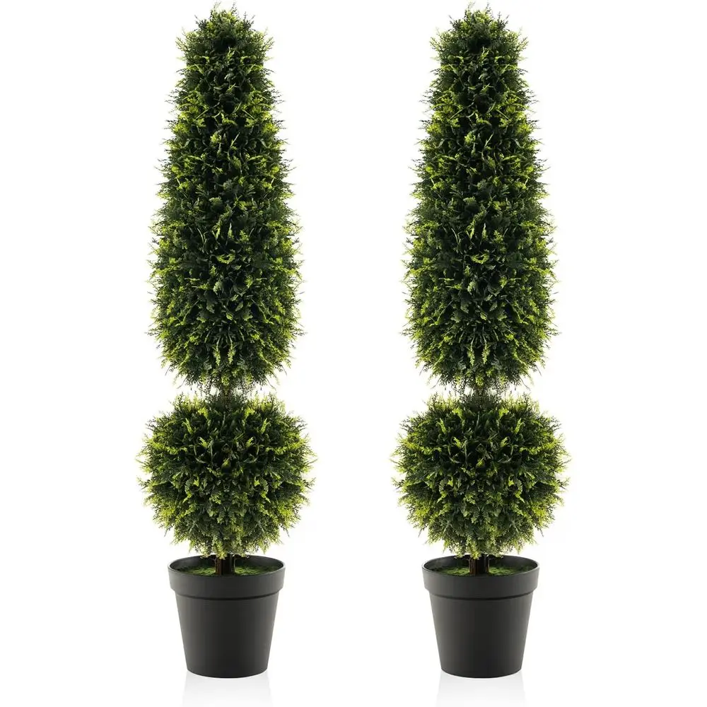 Pair of Outdoor Artificial Topiary Trees with Natural Vines, Cement Pots, Evergreen Indoor/Outdoor Home Front Porch Decor
