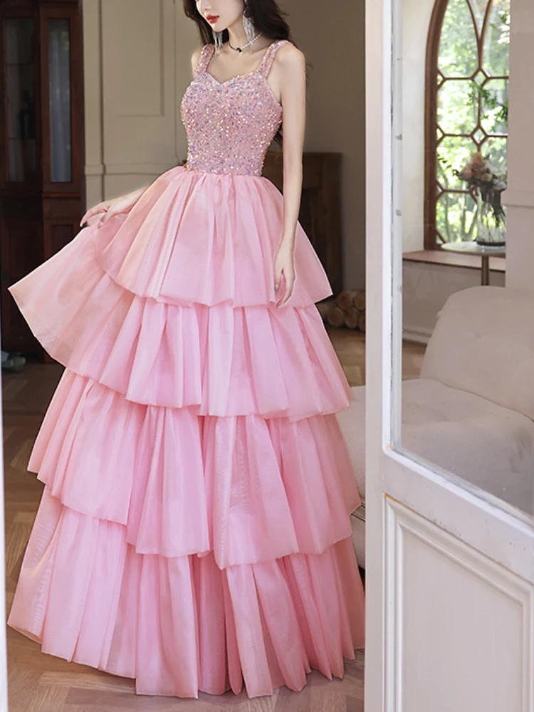 Vestido de noche rosa con lentejuelas y tirantes para mujer, falda larga de pastel con temperamento, elegante, de cintura alta, para fiesta y graduación, 2024