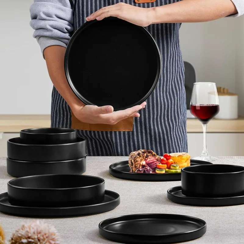 Set di stoviglie con ciotole per pasta per 4, 16 pezzi, piatti per insalata e ciotole per cereali, piatti in gres, cena Wa