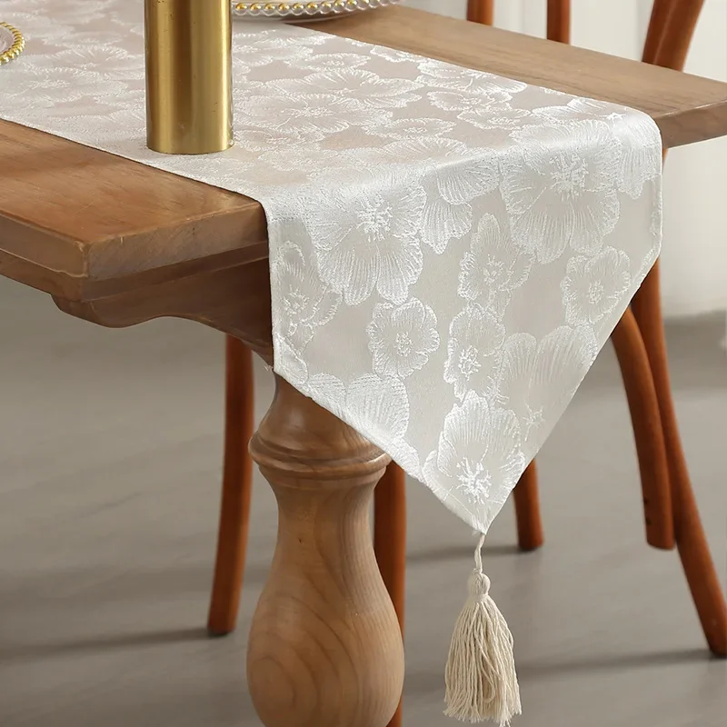 Lily Flower Tassel Table Runner Decorative Cloth Household Dining Table Foyer TV Cabinet Bed Cover Towel White Gray Dual Color