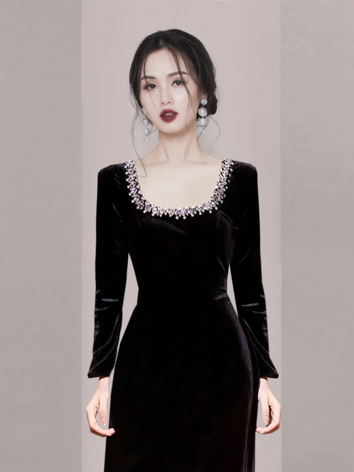 

Элегантное бархатное платье с длинными рукавами, украшенное стразами, с квадратным вырезом, роскошный дизайн, чувственный стиль для ежегодной встречи Cany