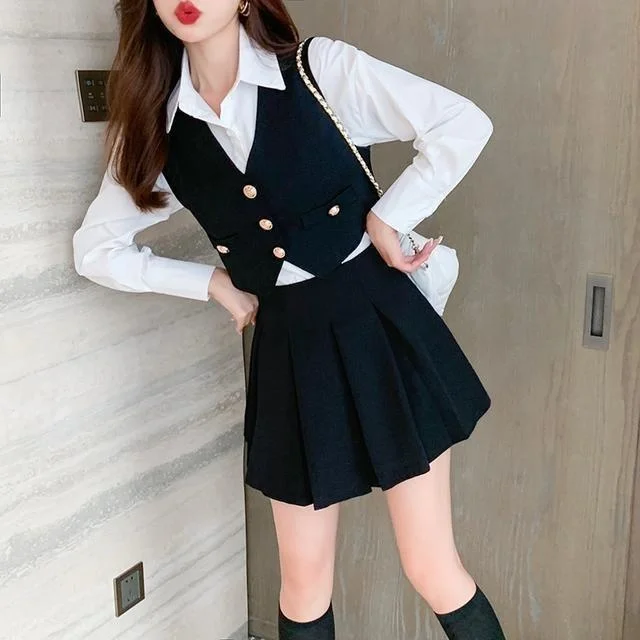 Vest Shirt Short Three Piece Women\'s Suit Half Set Small Royal Sister College Faldas Clothes for Women Skirts