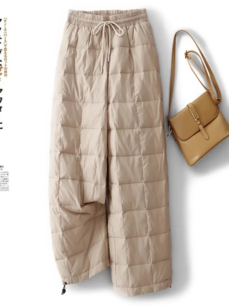 Fashionable down Cotton Wide Leg Pants Women's Winter Cold Resistance Warm Drawstring Cuffed Straight Leg Trousers Outerwear