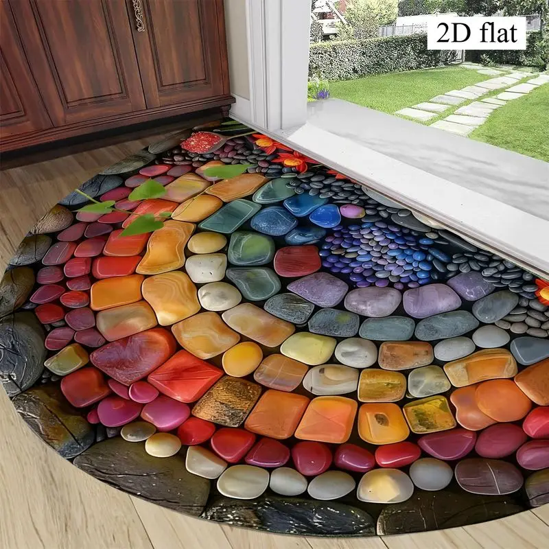 VIKAMA Simulated Stone Pattern Half Round Rug Easy Clean Wear Resistant Floor Mat For Hallway Living Room Visual Home Decor