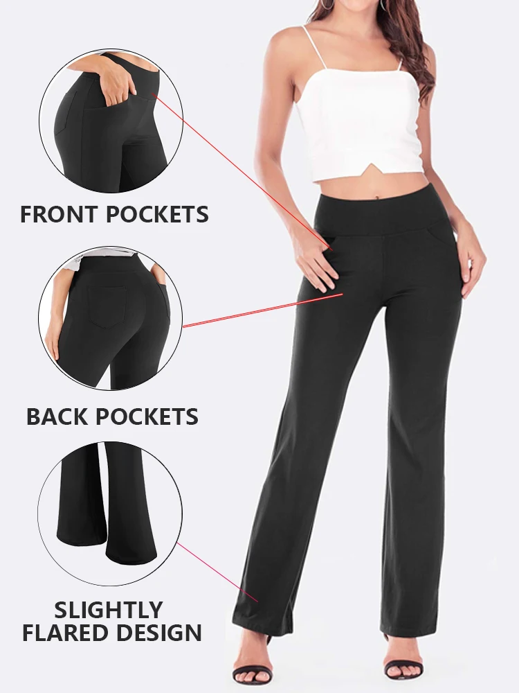 Women's Fashion Solid Polyester Spandex Boot Cut High Waisted Flare Pants with Pockets Workout Casual Trousers Leggings S-XL