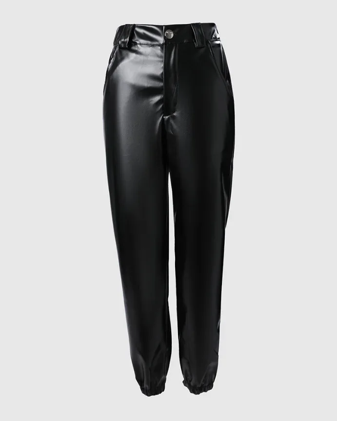 Women Black Pu Leather Pants Casual 2025 Autumn Fashion High Waist Pocket Design Sexy Tight Long Trousers Clothing Streetwear