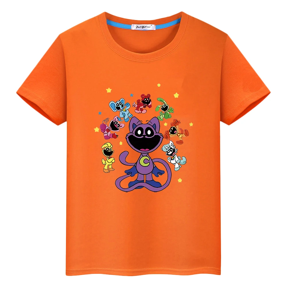 

Smiling Critters print t shirt for kids boy 10years anime Short Kawaii Tops 100%Cotton Cute t shirt y2k one piece girls clothes