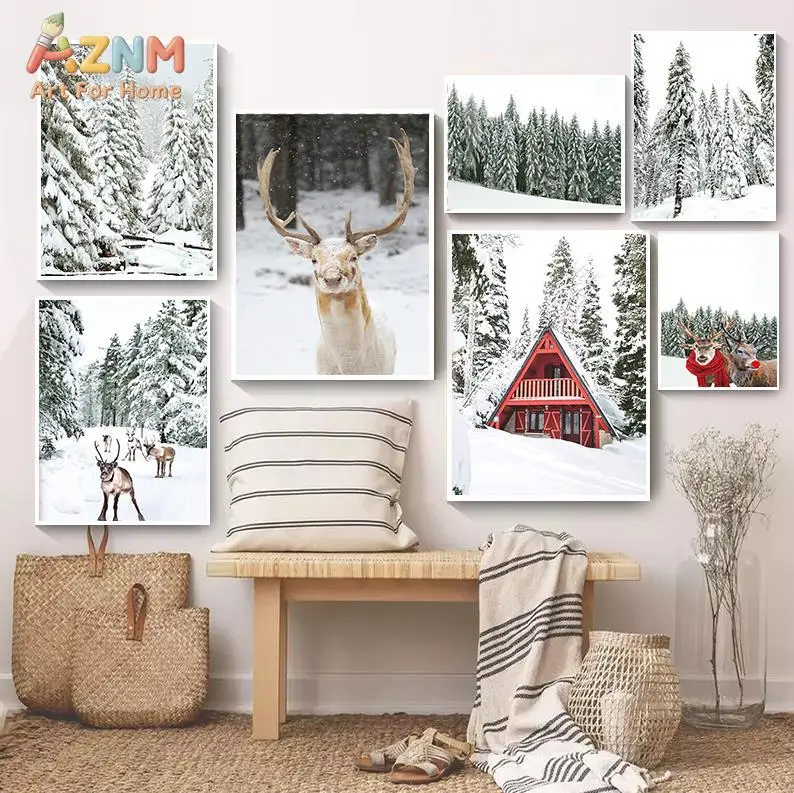 Winter Forest Wonderland Posters prints Christmas Spruce Pine Reindeer Elk Canvas Painting Landscape Wall Art Picture Decor