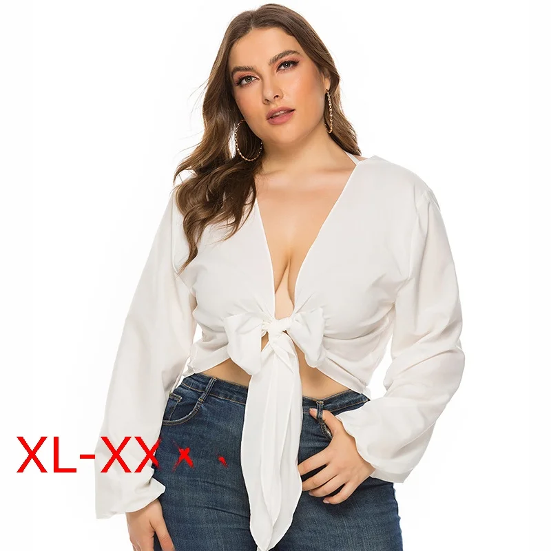 

Сексуальная футболка с v-образным вырезом размера плюс 4XL, топ, блузка для полных женщин, одежда больших размеров, женское модное платье больших размеров