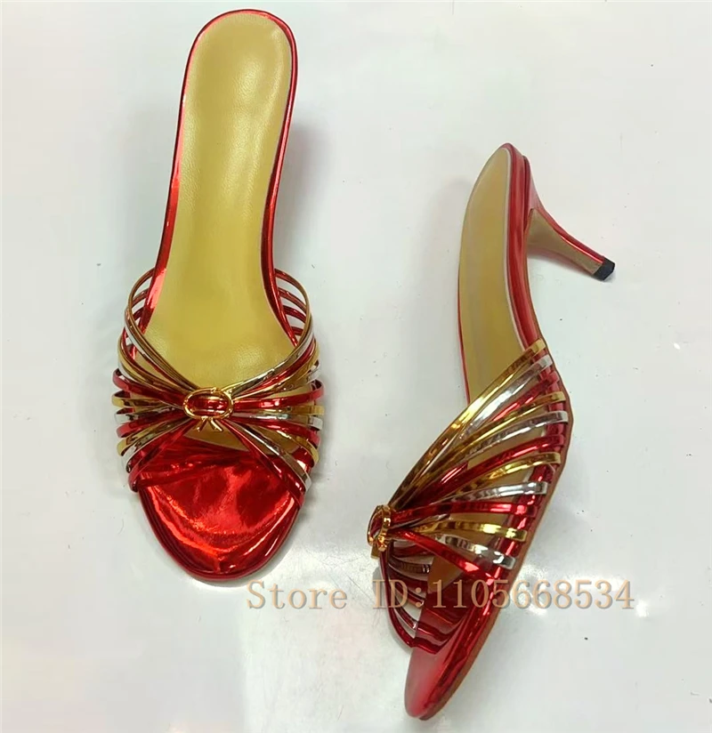 Shiny Metallic Crisscross Thin Strap Stiletto Mules Women Peep Toe Backless High Heel Slippers Summer Fashion Party Daily Shoes