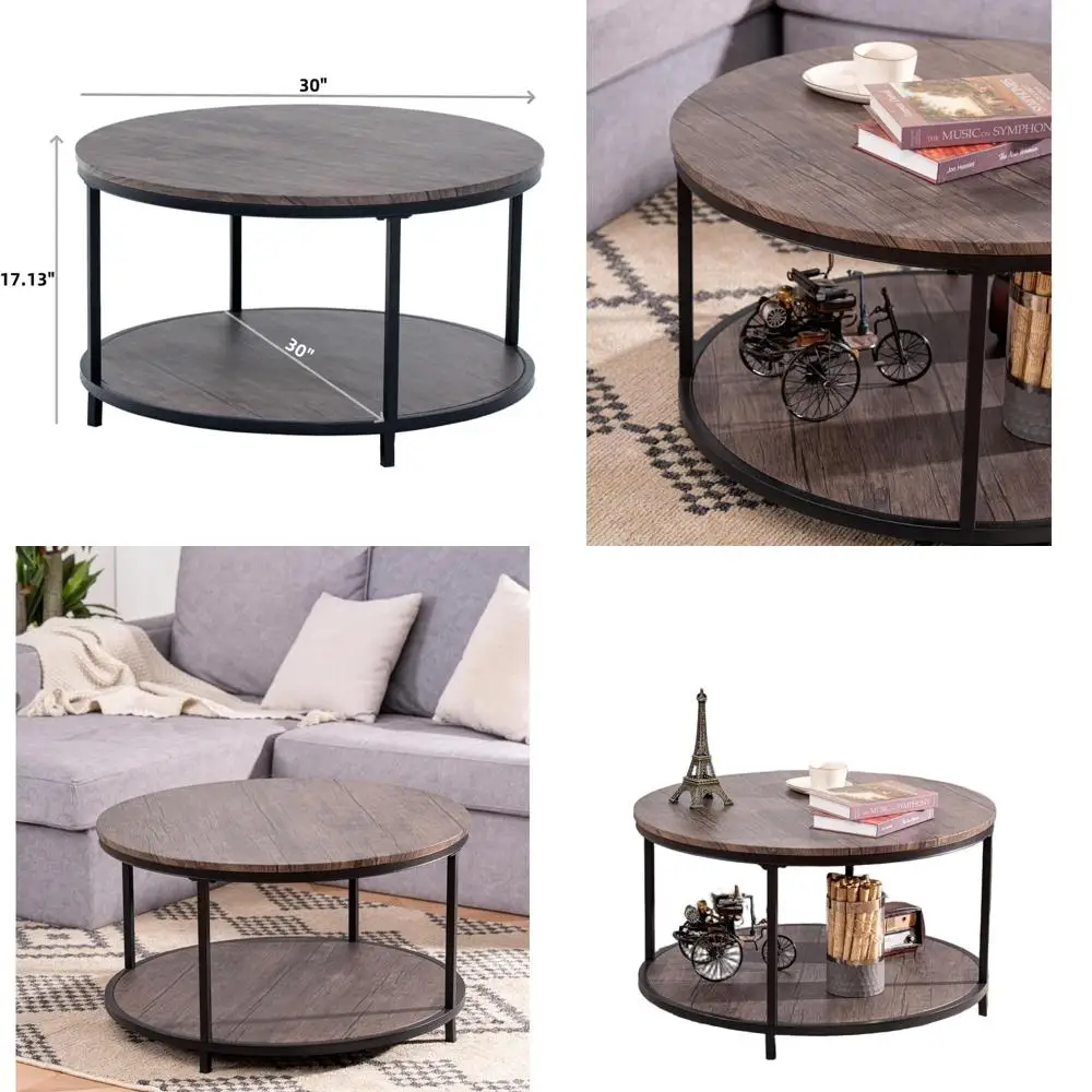 

Rustic 30 Round Coffee Table with 2-Tier Wooden Storage Shelf for Modern Living Room in Brown