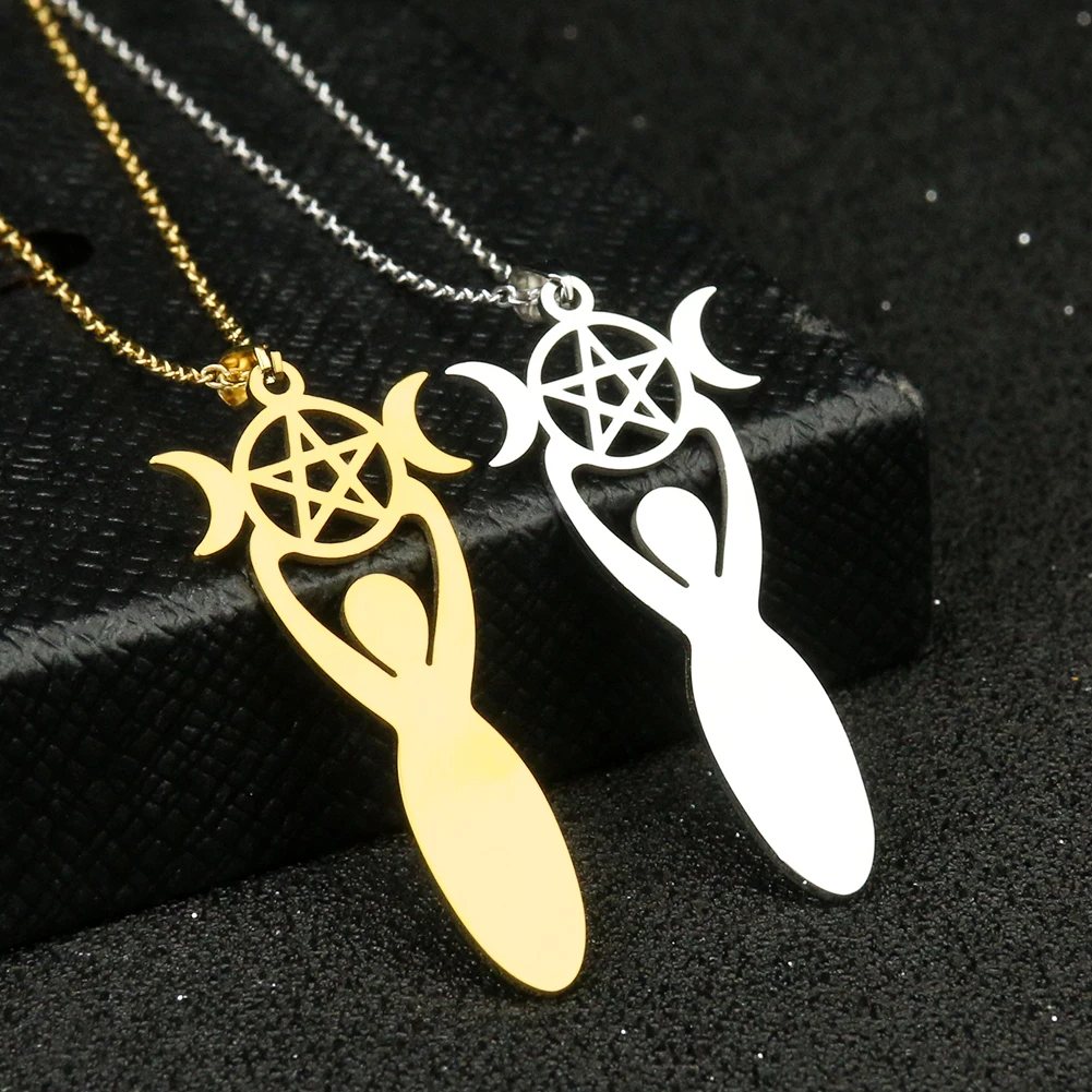 Wicca Triple Goddess Artemis Pendant Necklace Stainless Steel Moon Star Pentagram Meditation Phase Lucky Magic Yoga Healing