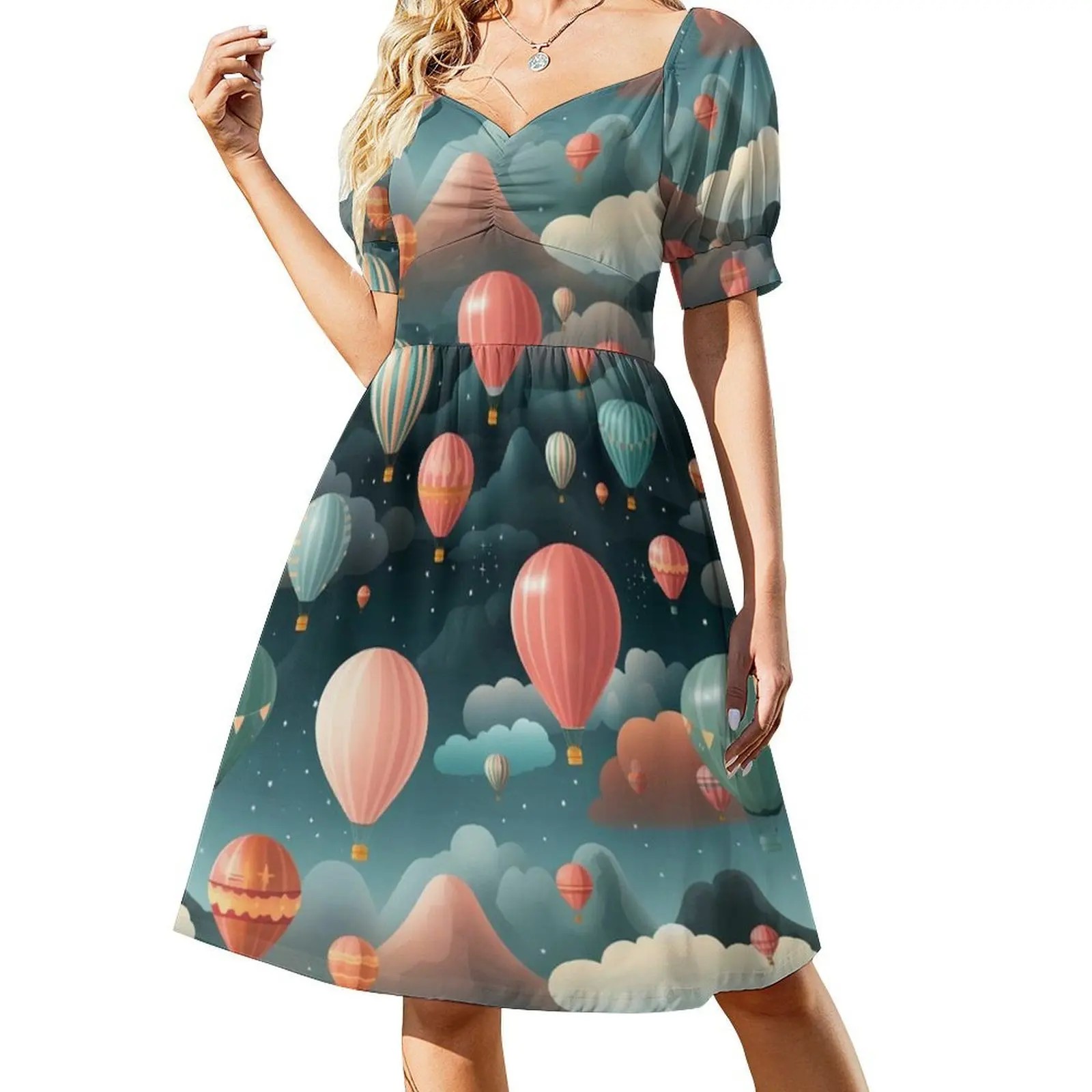 بالونات الهواء الساخن المغامرة # 2 فستان على شكل قلب أنيق للحفلات الصيفية للنساء، فستان سحابي ملون ممتع