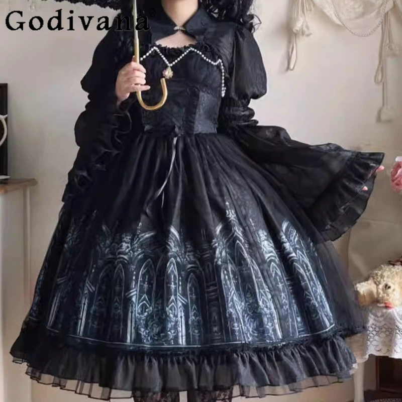 

2025 Lolita Dark Gothic Style Sweet Ruffles Jsk Dress Summer Personality Girls Lace-up High Waist A-line Dress Long Sleeve Shirt