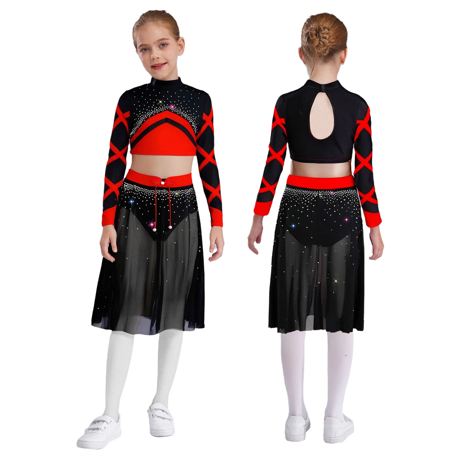 여자 리리컬 모던 댄스 의상 반짝이는 라인스톤 크롭 탑 사이드 슬릿 메쉬 스커트 체조 발레 피겨 스케이팅 의상