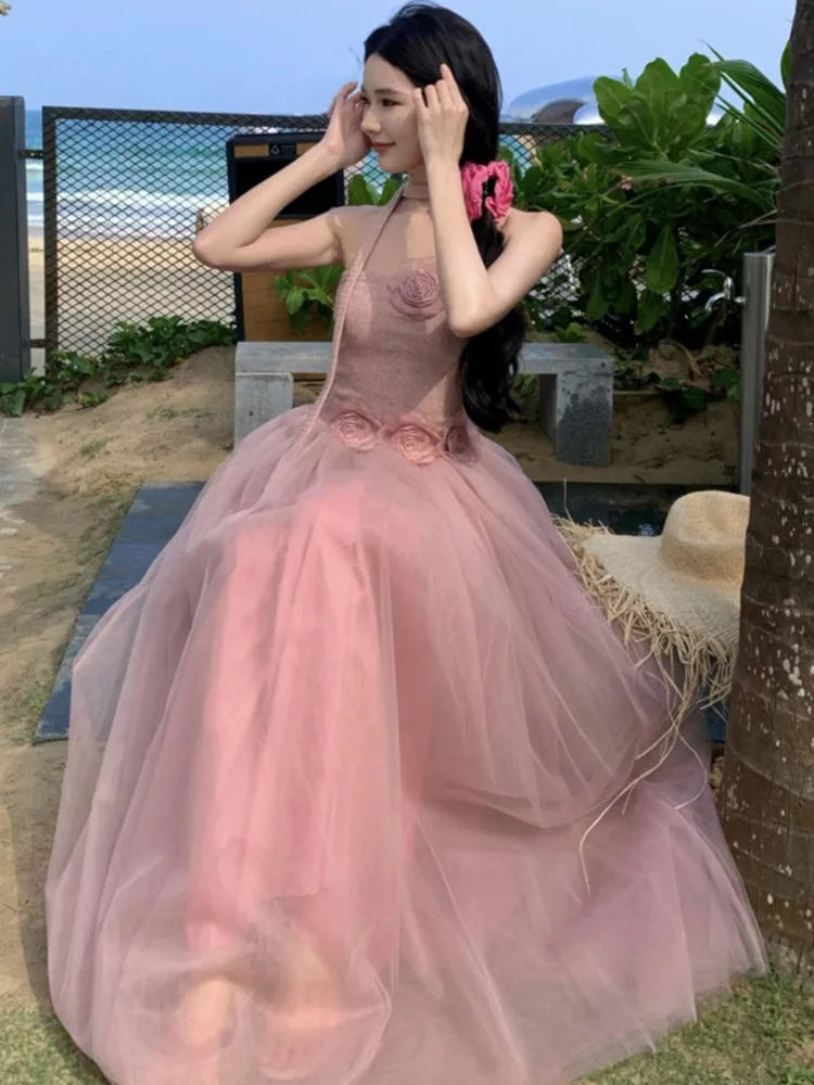 

Sexy Prom Elegant 2 Piece Sets For Woman Summer Mesh Floral Slimming Shoulder Backless Holiday Beach Long Suit Fashion New