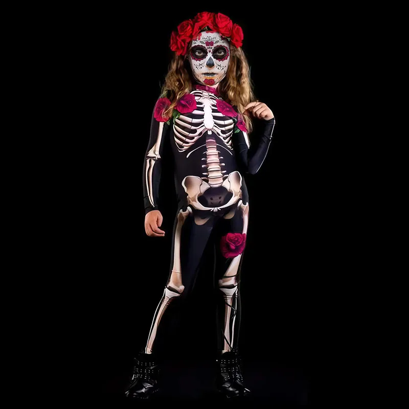 Halloween Girls Ghost Skeleton Bride Theme Party Women's Dress Skull Rose Pattern Printed Skeleton Long Sleeve Jumpsuit Party