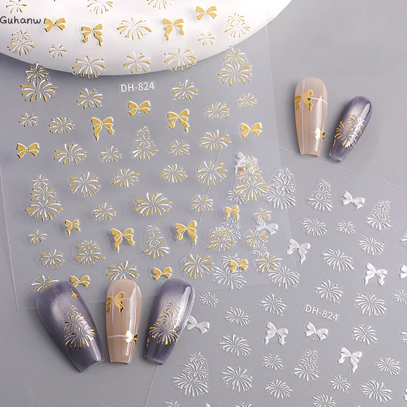 

Colorful Firework Bowknot Nail Stickers 3D Self-Adhesive Blooming Fireworks Nail Art Decals New Year Firework Design Nail Slider