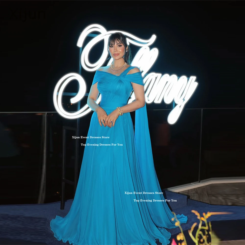 

Xijun Elegant Blue Chiffon Prom Dresses Off The Shoulder A-Line Formal Evening Dresses Pleated Cape Sleeves Prom Gown Customized
