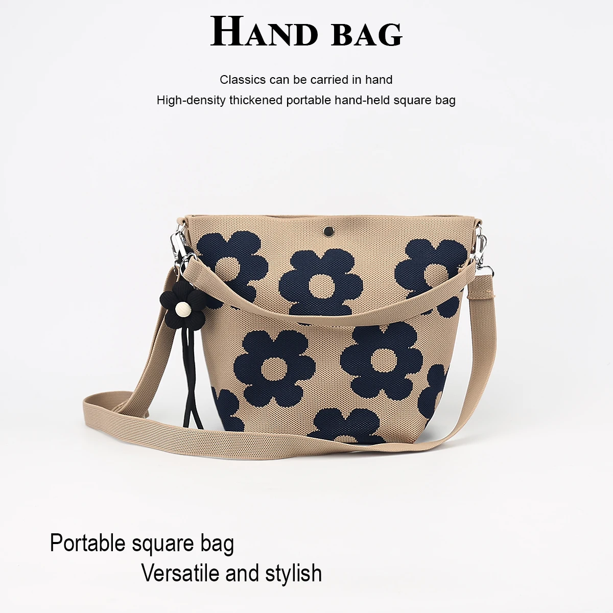 Women's small handbag, simple and casual with a high-end floral pattern, paired with a cute cotton-filled flower tassel pendant. The detachable shoulder strap can be used as a short strap for hand-carrying or as a long