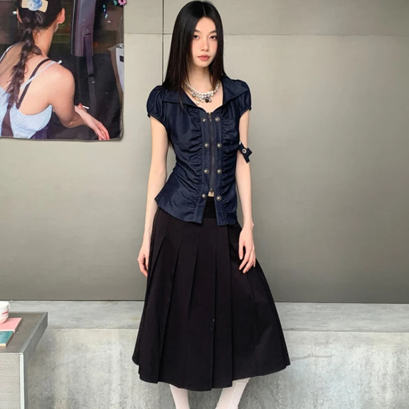 

Deeptown Y2k Vintage Zip Up Women Shirt Grunge Harajuku Short Sleeve Korean Fashion Blouses Button Pleated Slim Gyaru Streetwear