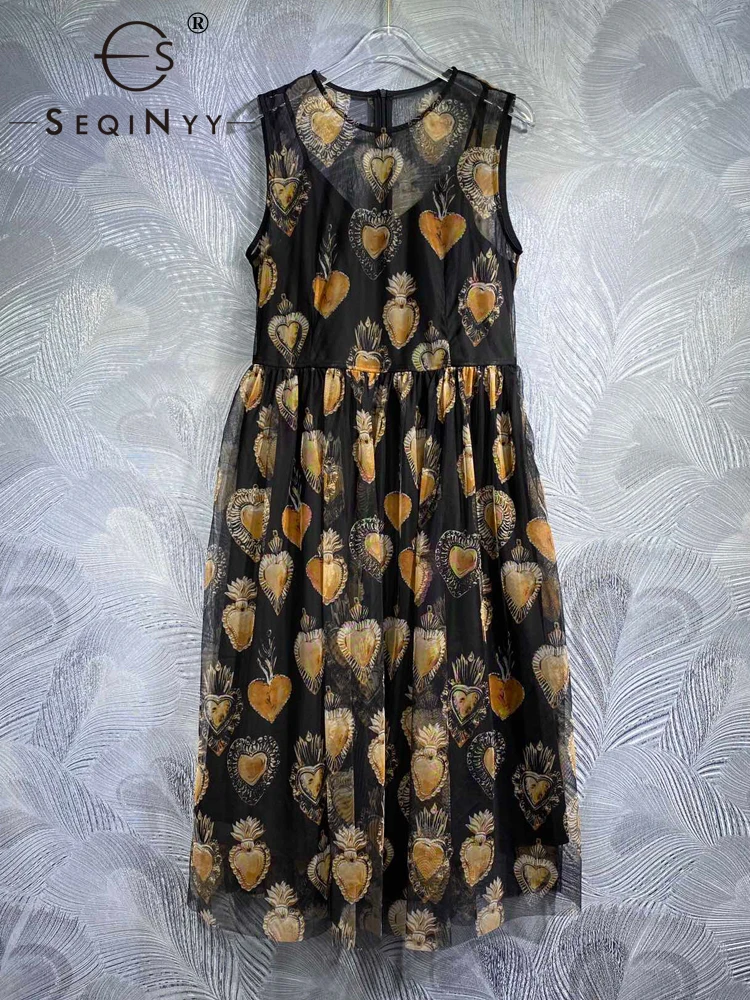 

SEQINYY Black Vest Midi Dress Chiffon Summer Spring New Fashion Design Women Runway High Street Vintage Print Casual Holiday
