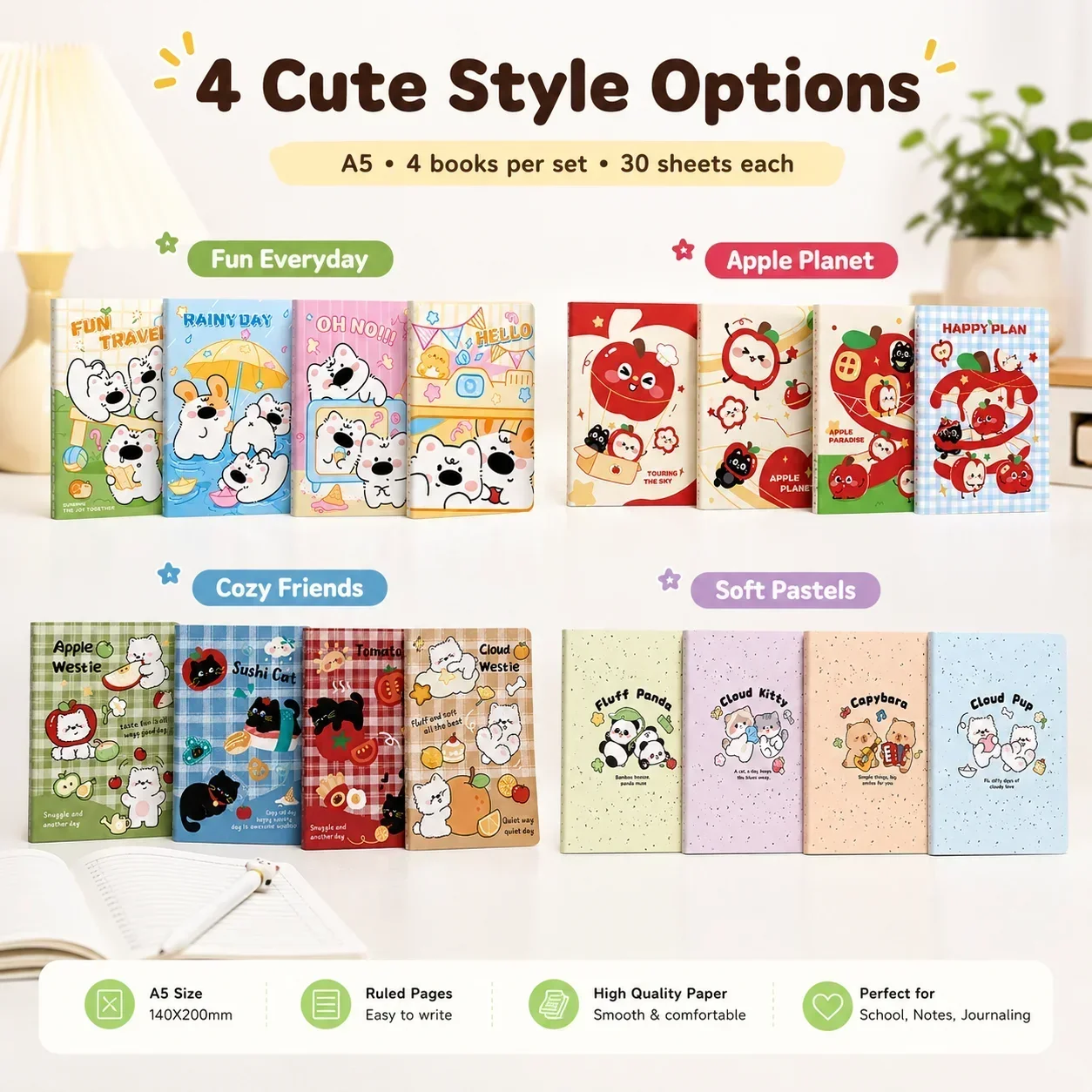 A5 Cute Stitched Lined Notebook, 30 Sheets Thickened Journal, High Beauty Student Stationery Book