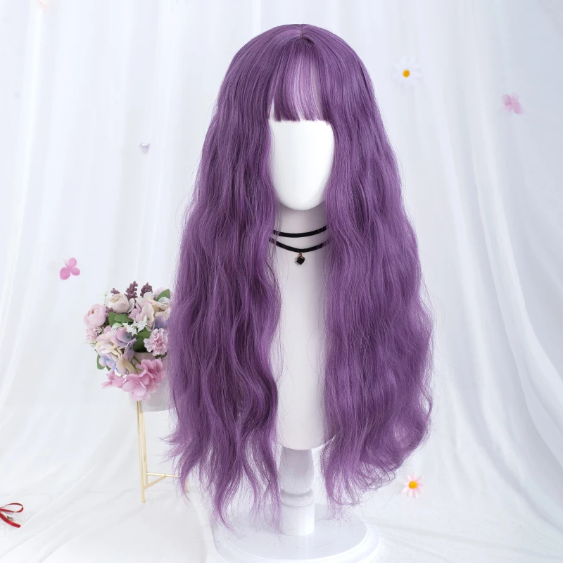 Long Wavy Synthetic Wig Deep Purple with Bangs Perfect for Daily Wear Cosplay Party Looks Fashion Fake Hair