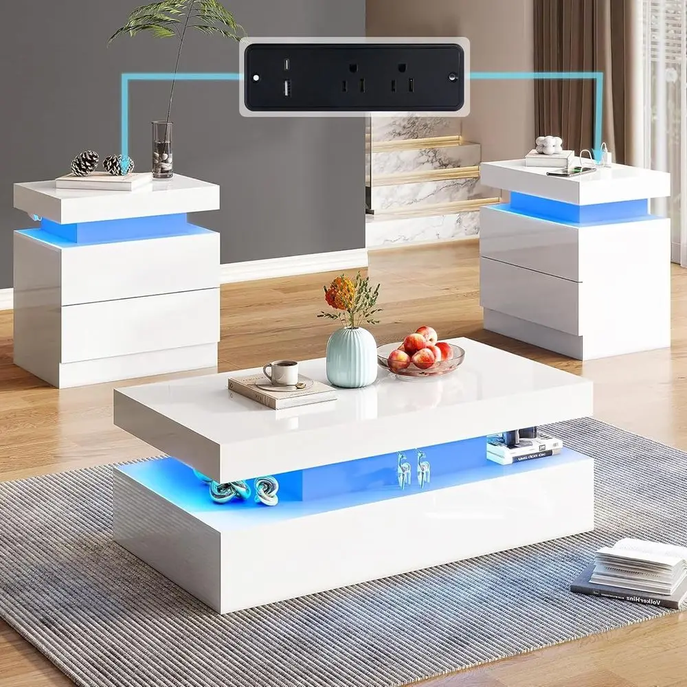 

3 Pieces Living Room Table Set, Modern LED Coffee Table Sets of 3, 2-Tier Center Table with 2 End Side Tables, LED Lights Bedsid
