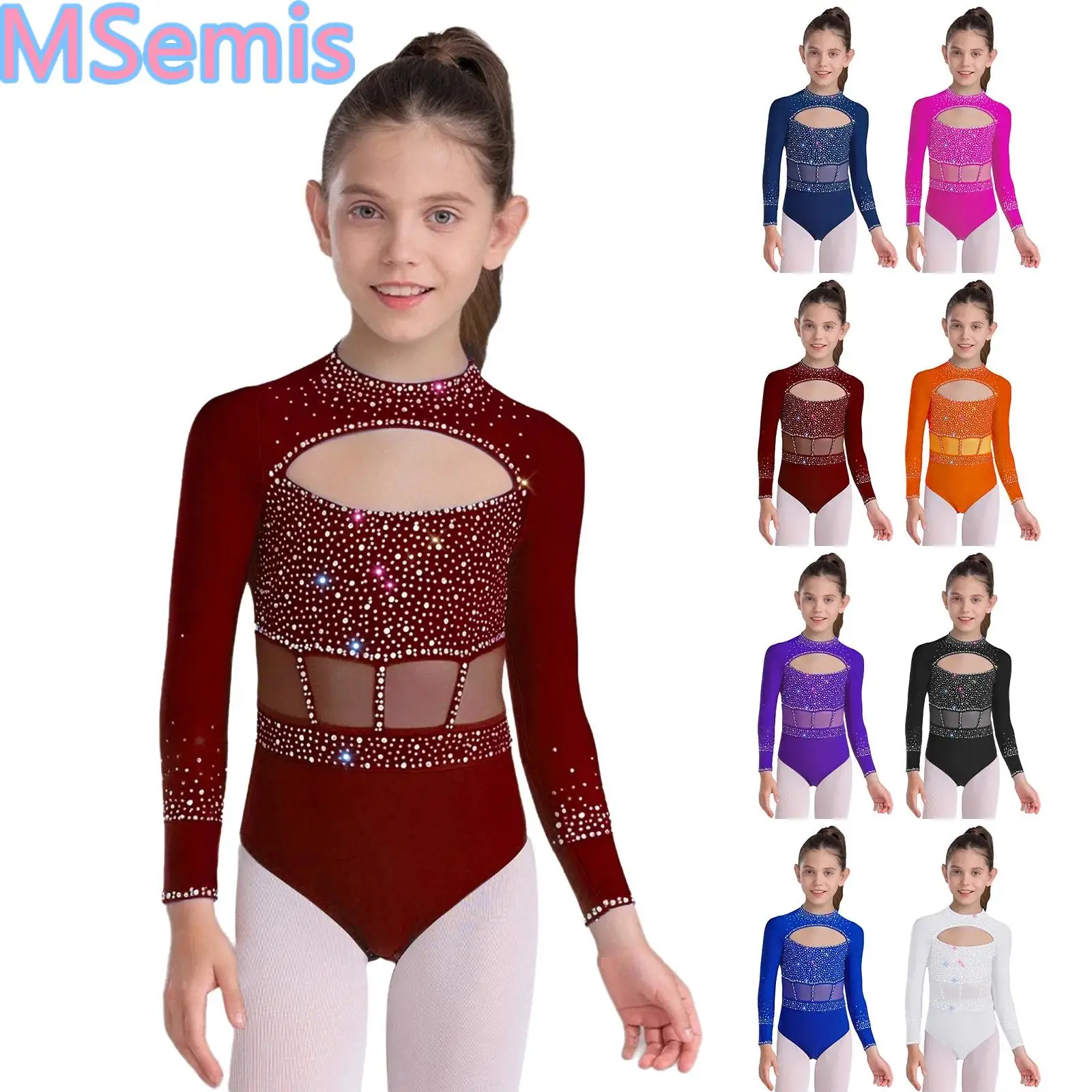 

Kids Girls Gymnastics Leotard Crew Neck Long Sleeve Back Invisible Zipper Cutout Front Shiny Rhinestones Dance Bodysuit