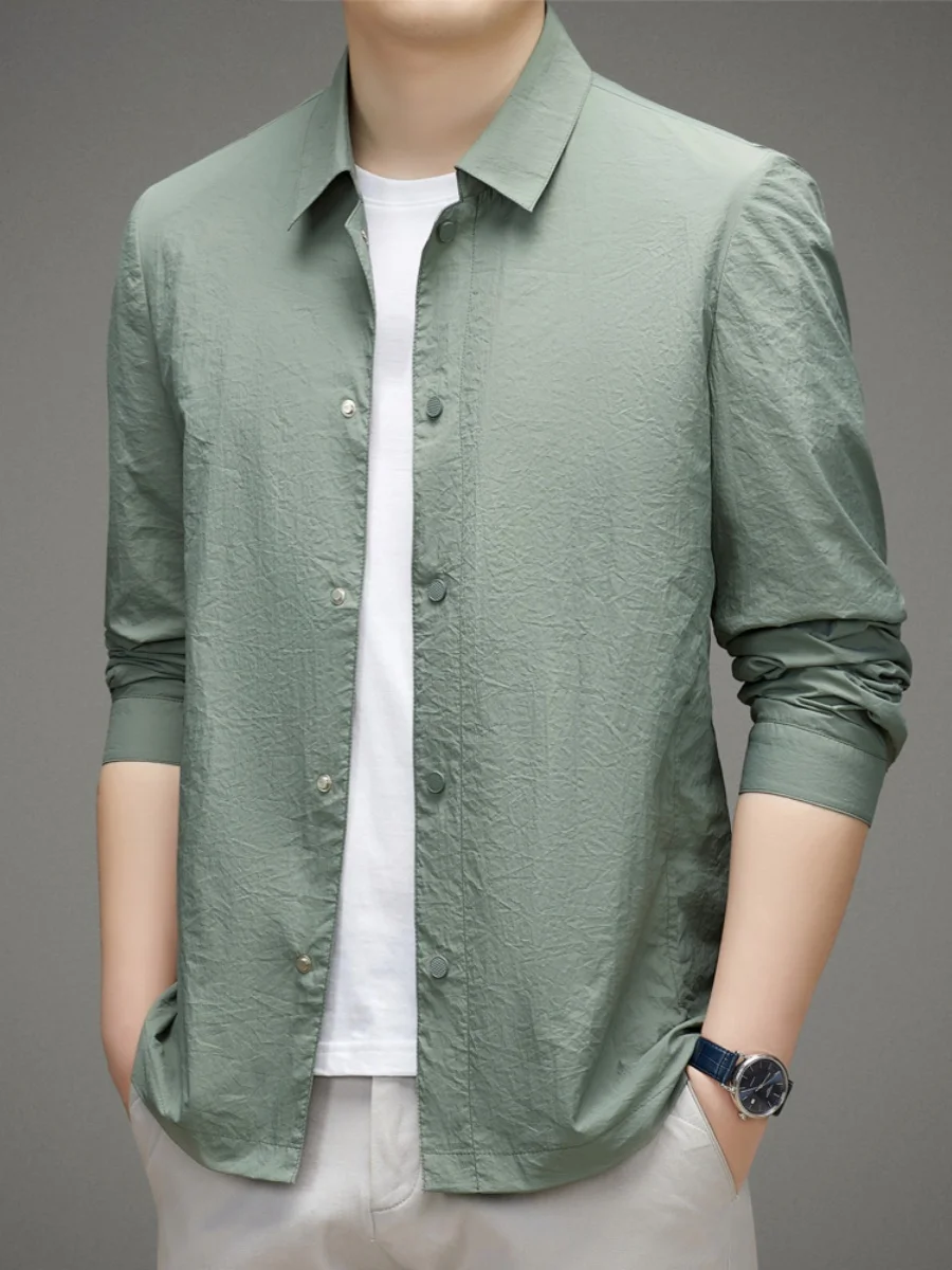 

Повседневная мужская куртка из ледяного шелка, весна-лето, новая свободная посадка с откидным воротником, легкая дышащая модная городская одежда