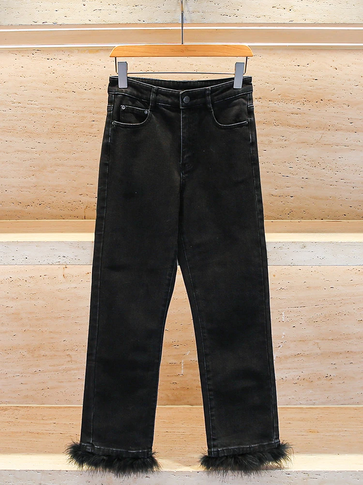 

Высококачественные женские зимние повседневные джинсы из страусиного пера, длинные, зауженные, с высокой талией, широкие штанины, износостойкие, для взрослых