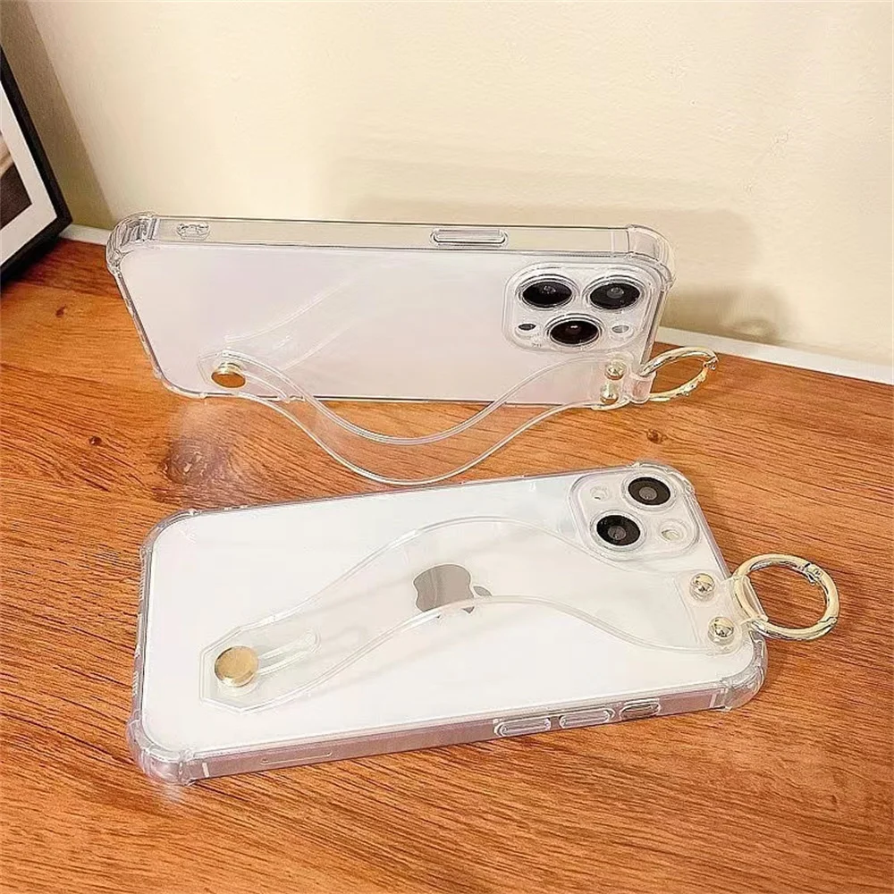 Funda trasera transparente con correa para la muñeca, carcasa a prueba de golpes para iPhone 15 Pro Max 14 13 12 Pro XsMax XR 11 12 Mini 7 8, soporte transparente para teléfono