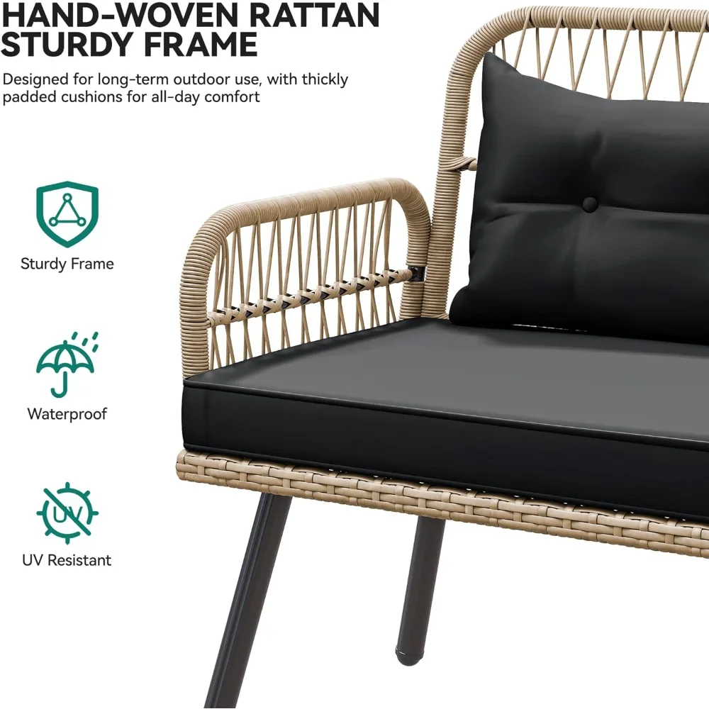 L-förmiges Terrassenmöbel-Set aus Korbgeflecht, wetterfestes Rattan-Gesprächssofa-Set für den Außenbereich für Hinterhofdeck mit weichen Kissen