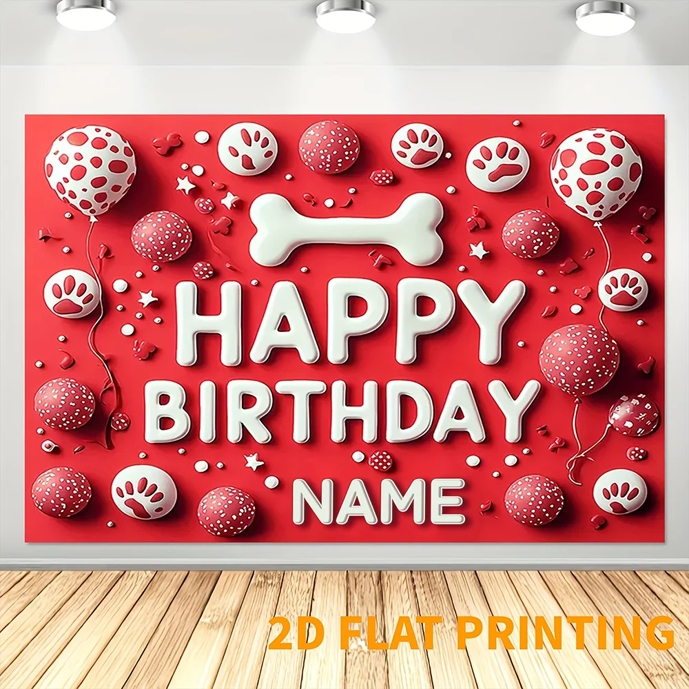 1pc  Red Paw Print Dog Happy Birthday Backdrop Custom Name Pet Birthday Party Banner Decoration - view 3