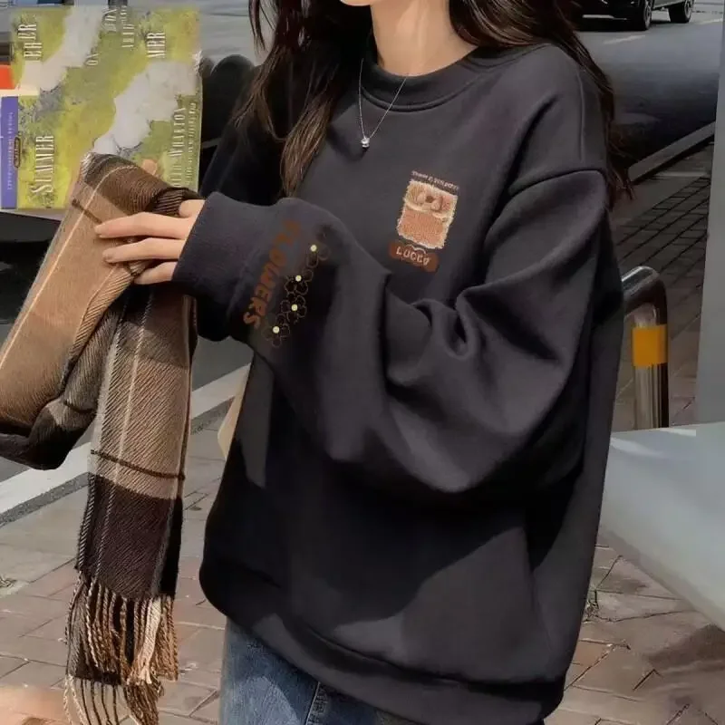 

Топы с круглым вырезом унисекс, осенне-зимняя новинка, стильные свитшоты для студенток и молодежи с длинными рукавами, свободный крой, универсальные, без капюшона