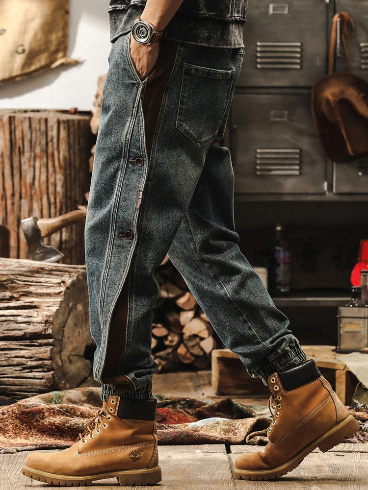 الرجعية الأمريكية Sle الرجال الجينز فضفاضة تناسب المرقعة عمال ربيع الخريف بناطيل كاجوال