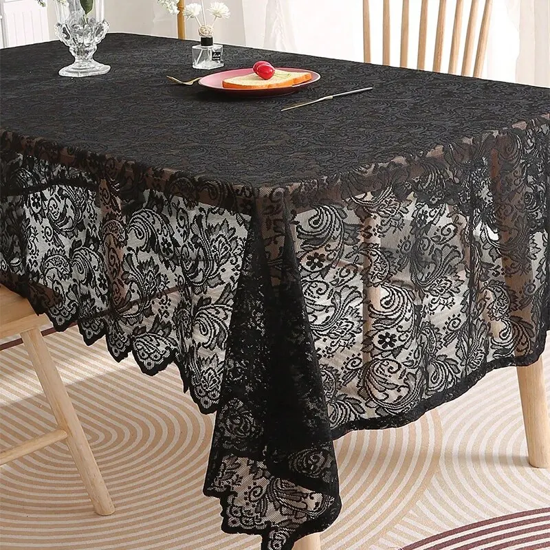 Black French Lace Tablecloth With Phoenix Tail Pattern For Living Room And Dining Table Decoration