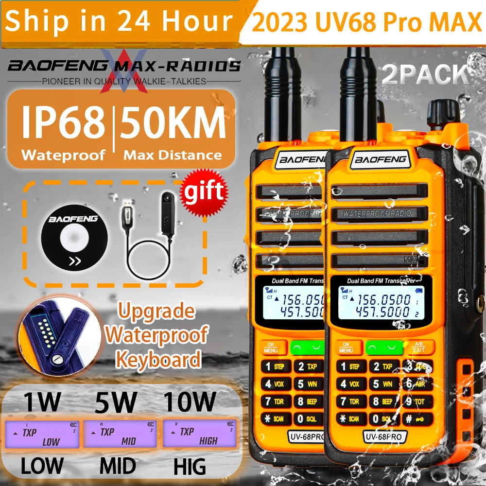 Baofeng UV-68 PRO MAX Walkie Talkie Larger Capacity High Power IP68 Waterproof Long Range Distance Dual Band TypeC Upgrade UV9R