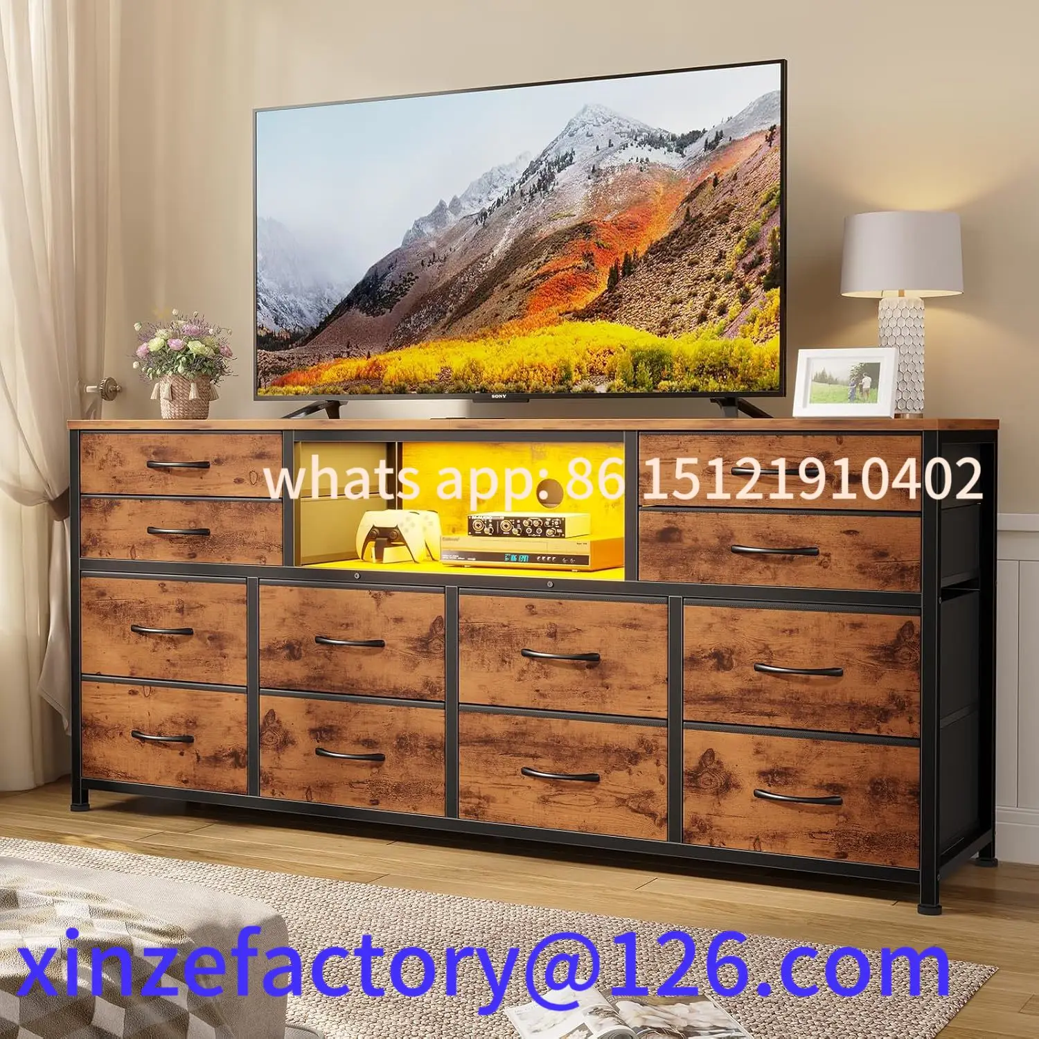 Cômoda de suporte de TV LED personalizável para quarto com tomadas de energia, centro de entretenimento de 55 polegadas